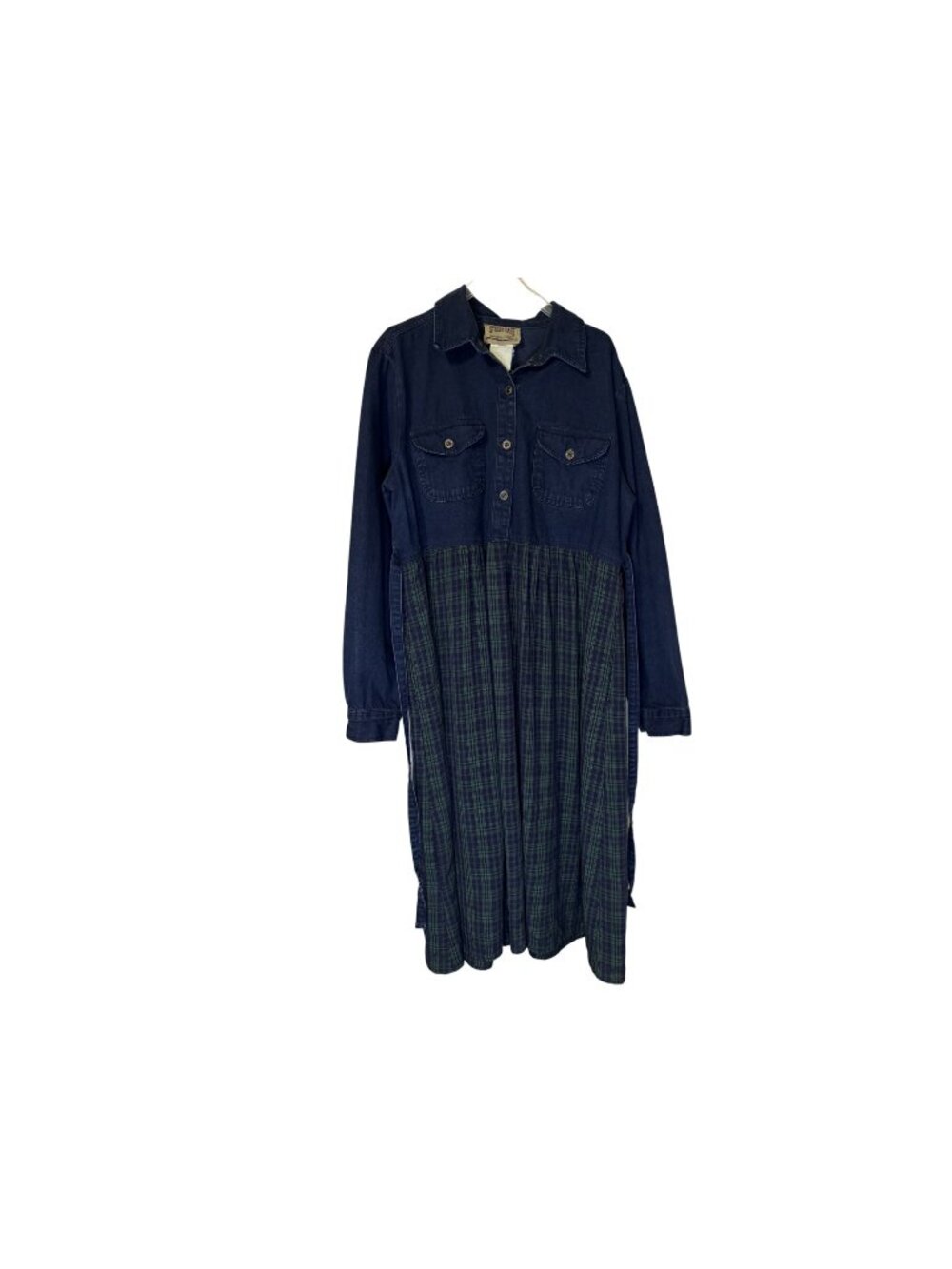 Vintage 90s Denim & Plaid Long-Sleeve Button-Down Dress‎ Size 14